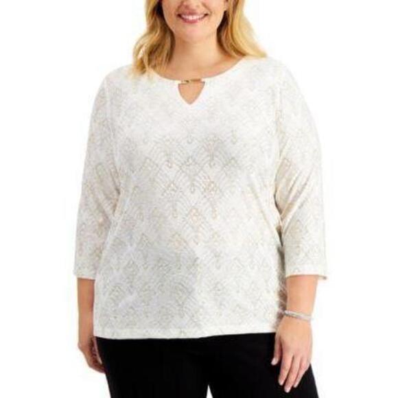 JM Collection Plus Size Beaded Jacquard Top Eggshell Combo 0X - Picture 1 of 1